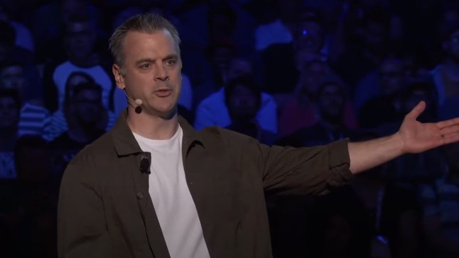 Pete Hines seen speaking during Bethesda&#039;s showcase at E3 2018.