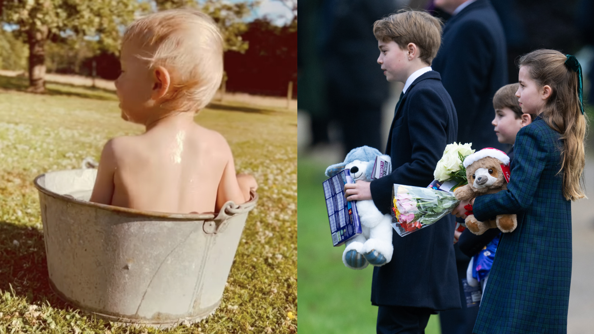 Inigo Middleton taking a bath in a bucket outside next to a photo of Prince George, Charlotte and Louis on Christmas Day holding toys