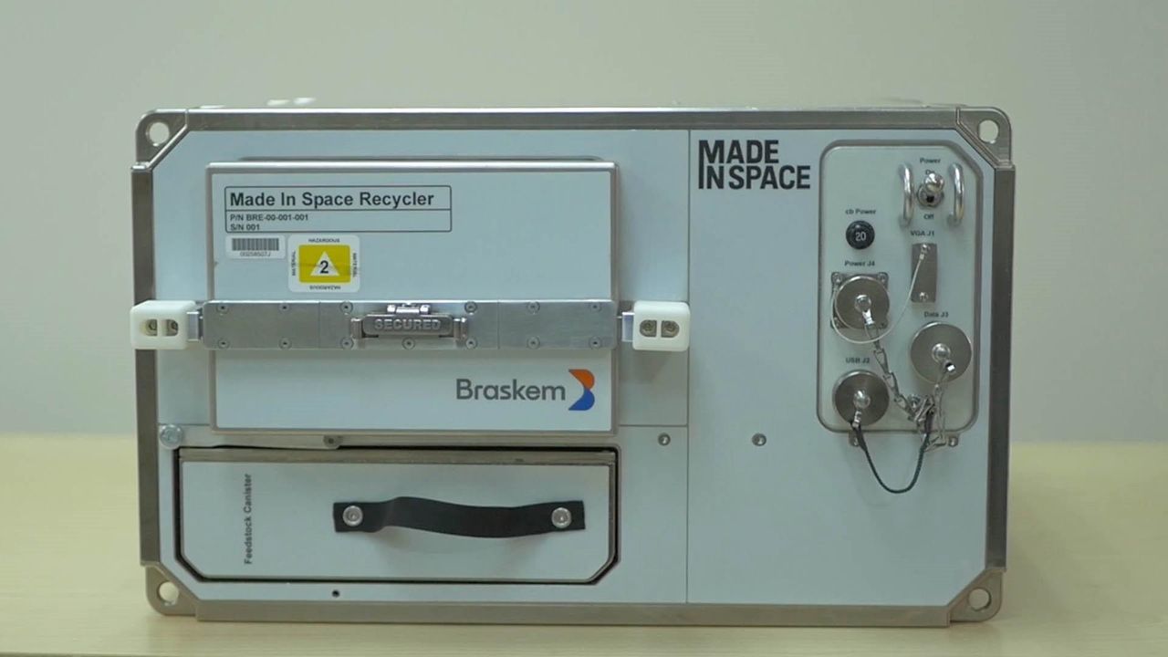 Made in Space&rsquo;s Plastic Recycler hardware, which is scheduled to launch toward the International Space Station aboard a Northrop Grumman Cygnus spacecraft on Nov. 2, 2019.