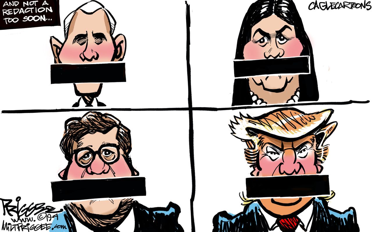 Political Cartoon U.S. Trump Barr Pence Sanders redactions