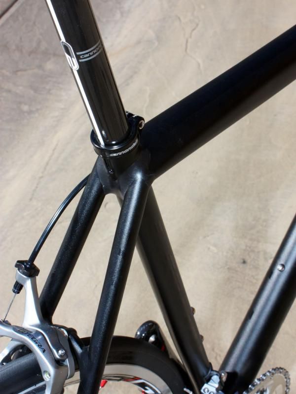 Cannondale borrowed some design language from its Flash carbon hardtail for the CAAD10's especially broad seat cluster.