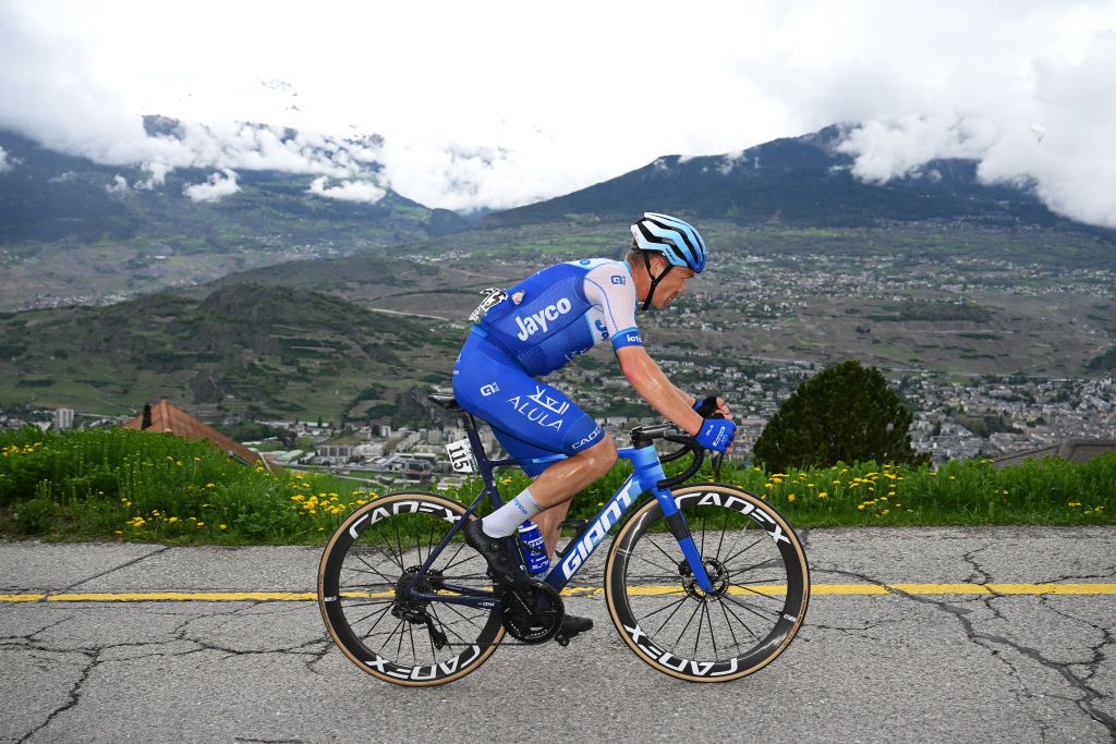 VALAIS THYON 2000 SWITZERLAND APRIL 29 Christopher JuulJensen of Denmark and Team JaycoAlUla competes in the breakaway during the 6th Tour De Romandie 2023 Stage 4 a 1616km stage from Sion to Valais Thyon 2000 2090m UCIWT on April 29 2023 in Sion Switzerland Photo by Dario BelingheriGetty Images