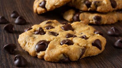 A pile of delicious chocolate chip cookies.