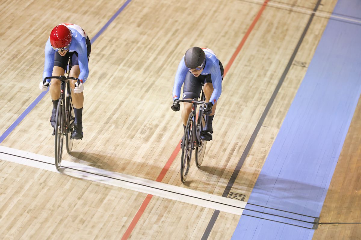 Picture by Alex Whitehead/SWpix.com - 22/10/2021 - Cycling - Tissot 2021 UCI Track Cycling World Championships - Women's Sprint Finals - Stab Velodrome, Roubaix, France - Canada's Kelsey Mitchell wins bronze over her countrywoman Lauriane Genest in the women's sprint finals.