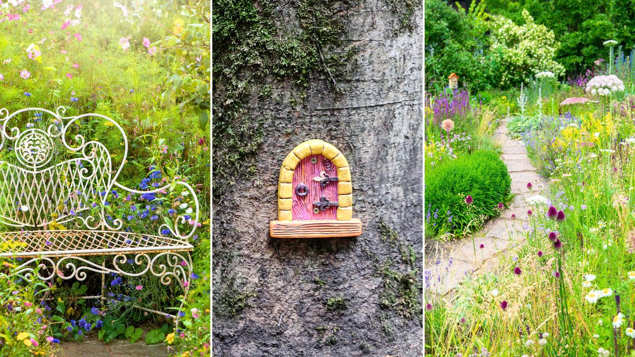 We love fairytale garden ideas. Here are three of these - a white iron bench with wildflowers around it, a tree trunk with a red door and yellow arch, and a winding path with wildflowers around it