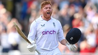 England batsman Jonny Bairstow celebrates his century during day five of the Second Test Match between England and New Zealand