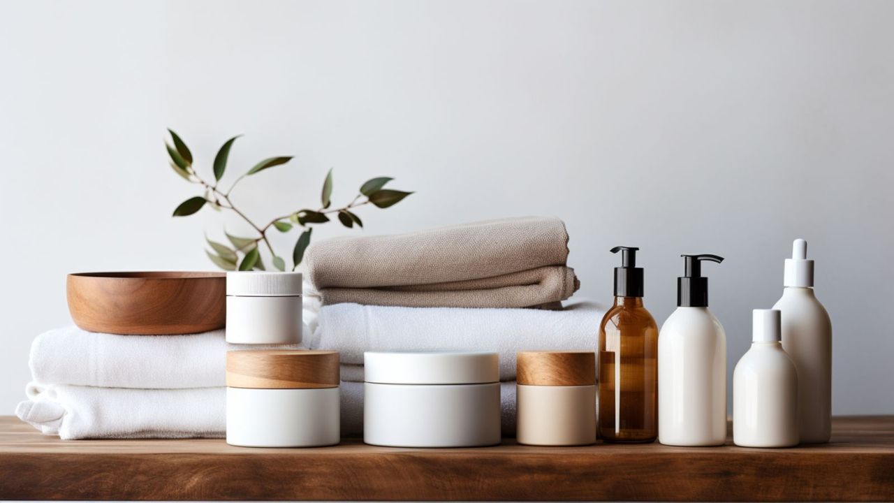 An array of neutral skincare containers with cream tubs and amber glass bottles. Folded towels in the background. 