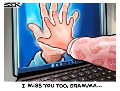 Editorial Cartoon U.S. social distance takes toll Zoom calls missing grandma