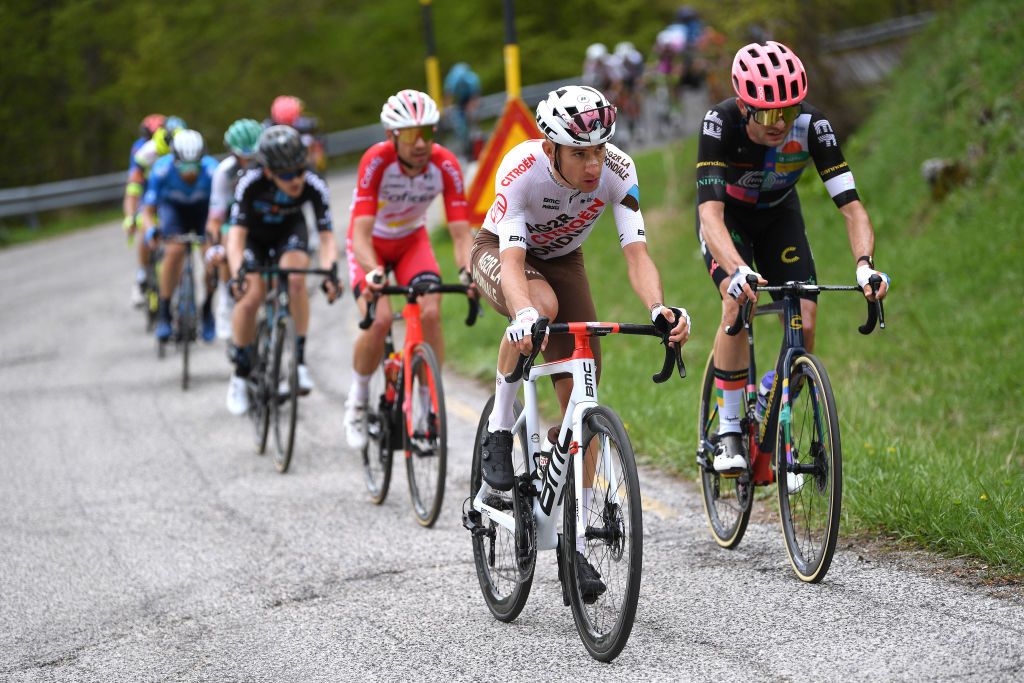 CAMPO FELICE ROCCA DI CAMBIO ITALY MAY 16 Geoffrey Bouchard of France and AG2R Citren Team Simon Carr of United Kingdom and Team EF Education Nippo during the 104th Giro dItalia 2021 Stage 9 a 158km stage from Castel di Sangro to Campo Felice Rocca di Cambio 1665m girodiitalia Giro UCIworldtour on May 16 2021 in Campo Felice Rocca di Cambio Italy Photo by Tim de WaeleGetty Images