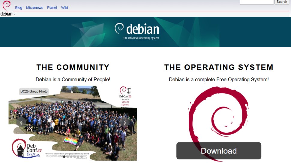 Website screenshot of Debian (August, 2025)