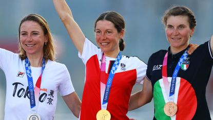 (From left) Annemiek van Vleuten, Anna Kiesenhofer, Elisa Longo Borghini