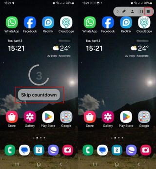 Galaxy screen recording countdown and stop button