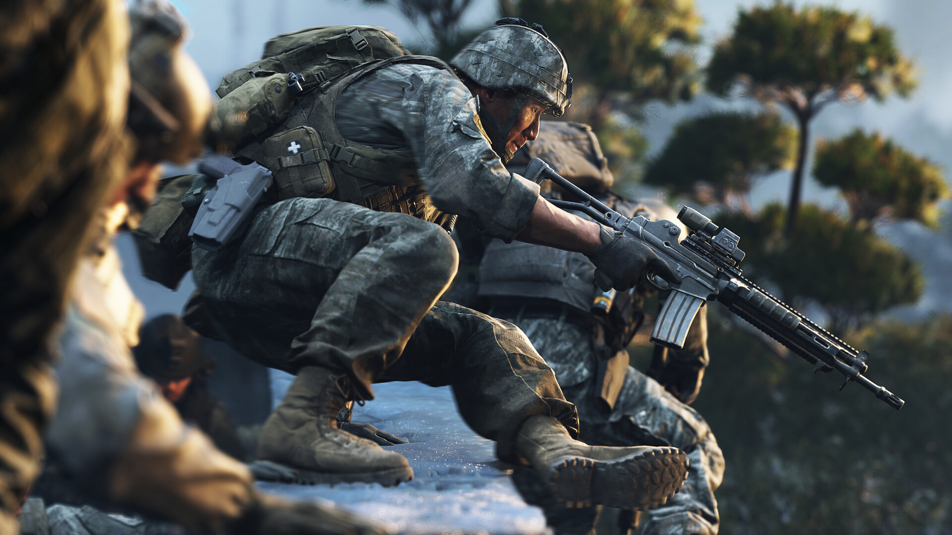 A soldier vaulting over a stone wall with an assault rifle raised in one hand in Call of Duty: Modern Warfare 4