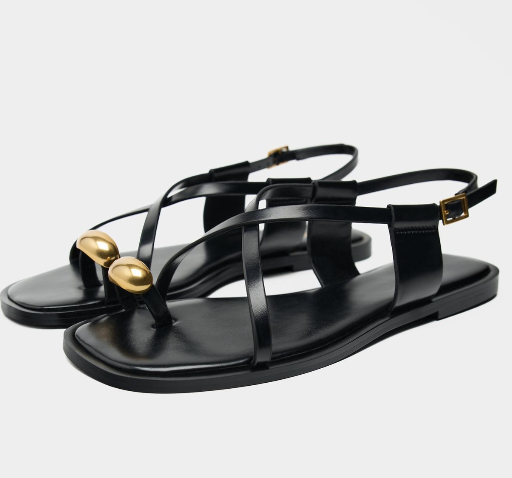 ZARA, FLAT STRAP SANDALS WITH METAL ADORNMENT