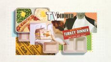 Collage of ready meal packaging and vintage TV dinner ads