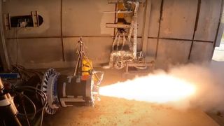 A rocket motor that’s part of the development program for NASA’s Mars Ascent Vehicle is tested at a Northrop Grumman facility in Elkton, Maryland on March 29, 2023.
