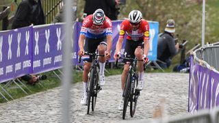 Kasper Asgreen of Denmark and Team Deceuninck - Quick-Step &amp; Mathieu Van Der Poel of Netherlands at the Tour of Flanders