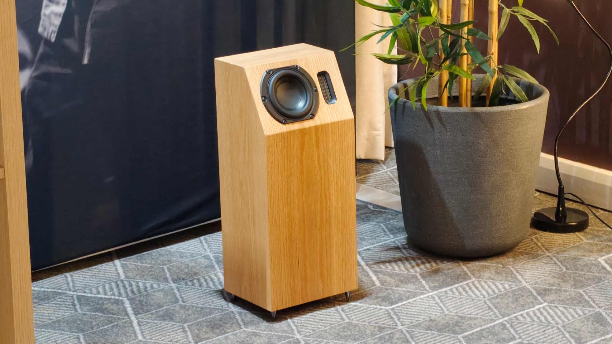 The Neat Audio Iota Alpha II on the floor, next to a potted plant.