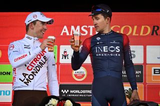 French Benoit Cosnefroy of AG2R Citroen and Polish Michal Kwiatkowski of Ineos Grenadiers pictured on the podium after the men elite Amstel Gold Race one day cycling race 2541 km from Maastricht to Valkenburg The Netherlands Sunday 10 April 2022 BELGA PHOTO ERIC LALMAND Photo by ERIC LALMAND BELGA MAG Belga via AFP Photo by ERIC LALMANDBELGA MAGAFP via Getty Images