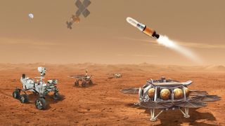 Newly revised Mars Sample Return campaign makes use of a set of machines, including use of helicopters, to collect Martian soil, rock and atmospheric specimens for return to Earth.