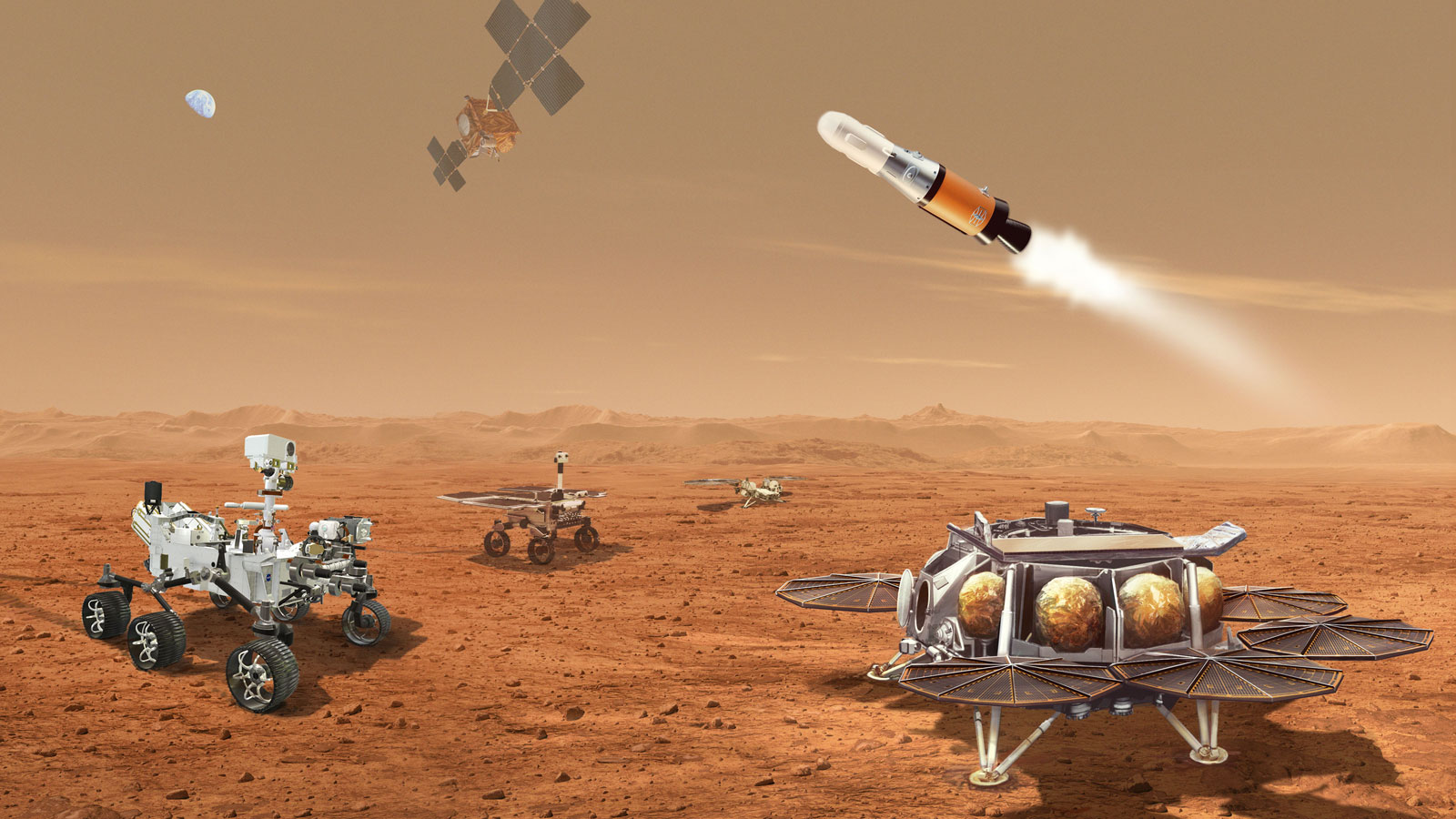La campaña Mars Sample Returns recientemente revisada hace uso de un conjunto de maquinaria, incluido el uso de helicópteros, para recolectar muestras de suelo, roca y atmósfera marciana para devolverlas a la Tierra.