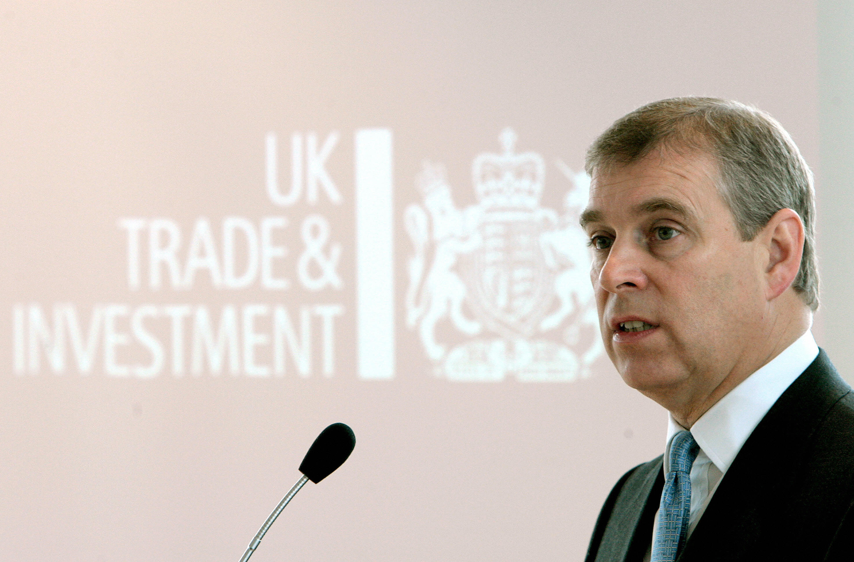 Ex-Prince Andrew speaking into a mic at a UK Trade and Investment conference