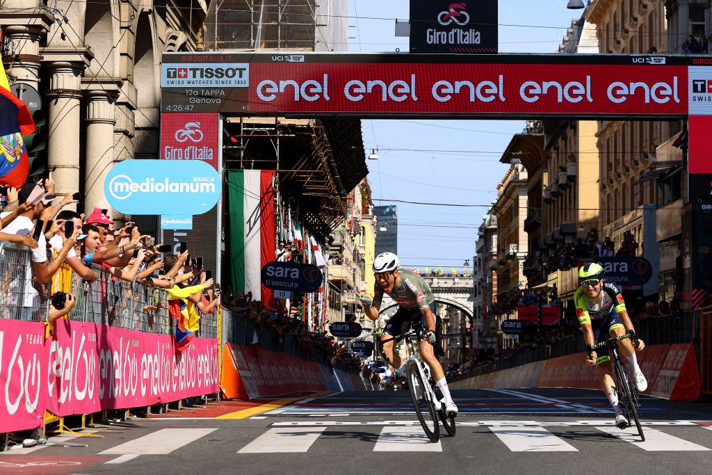GENOA ITALY MAY 19 LR Stefano Oldani of Italy and Team Alpecin Fenix celebrates winning ahead of Lorenzo Rota of Italy and Team Intermarch Wanty Gobert Matriaux during the 105th Giro dItalia 2022 Stage 12 a 204km stage from Parma to Genova Giro WorldTour on May 19 2022 in Genoa Italy Photo by Michael SteeleGetty Images