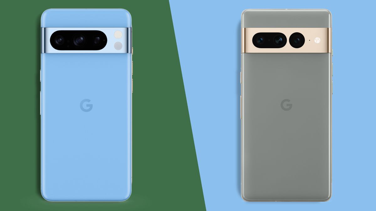 Google Pixel 8 Pro vs Google Pixel 7 Pro on diagonal split green and blue background