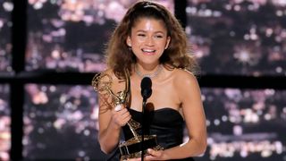 Zendaya accepts the Outstanding Lead Actress in a Drama Series award for "Euphoria" on stage during the 74th Annual Primetime Emmy Awards held at the Microsoft Theater on September 12, 2022