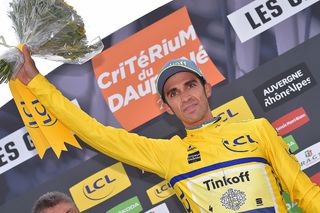 Alberto Contador in yellow after winning the Dauphine prologue