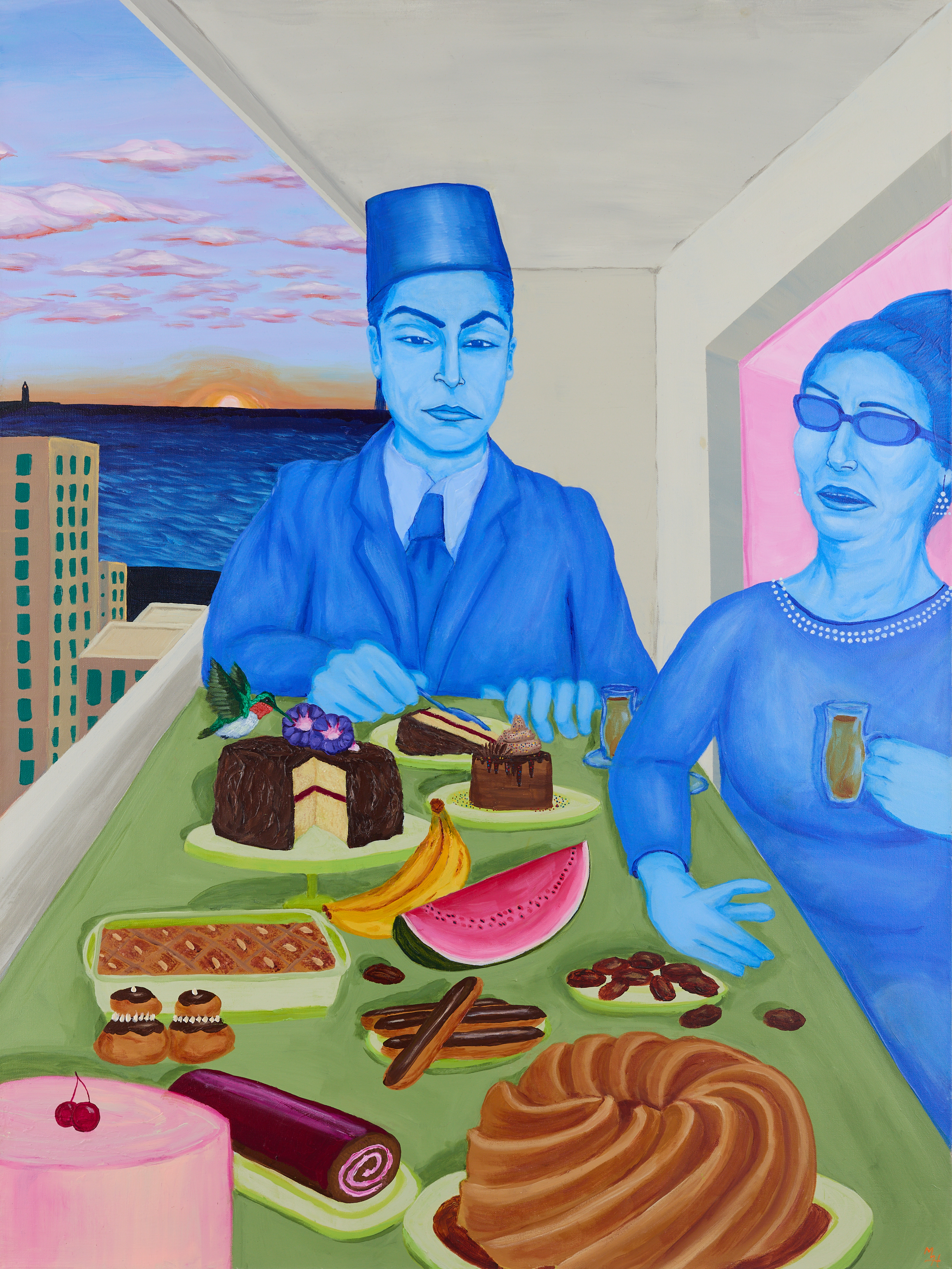 Massoud Hayoun painting of man and woman at a table full of cake and fruit