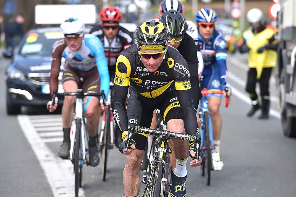 Tony Hurel leads the early breakaway at E3 Harelbeke.