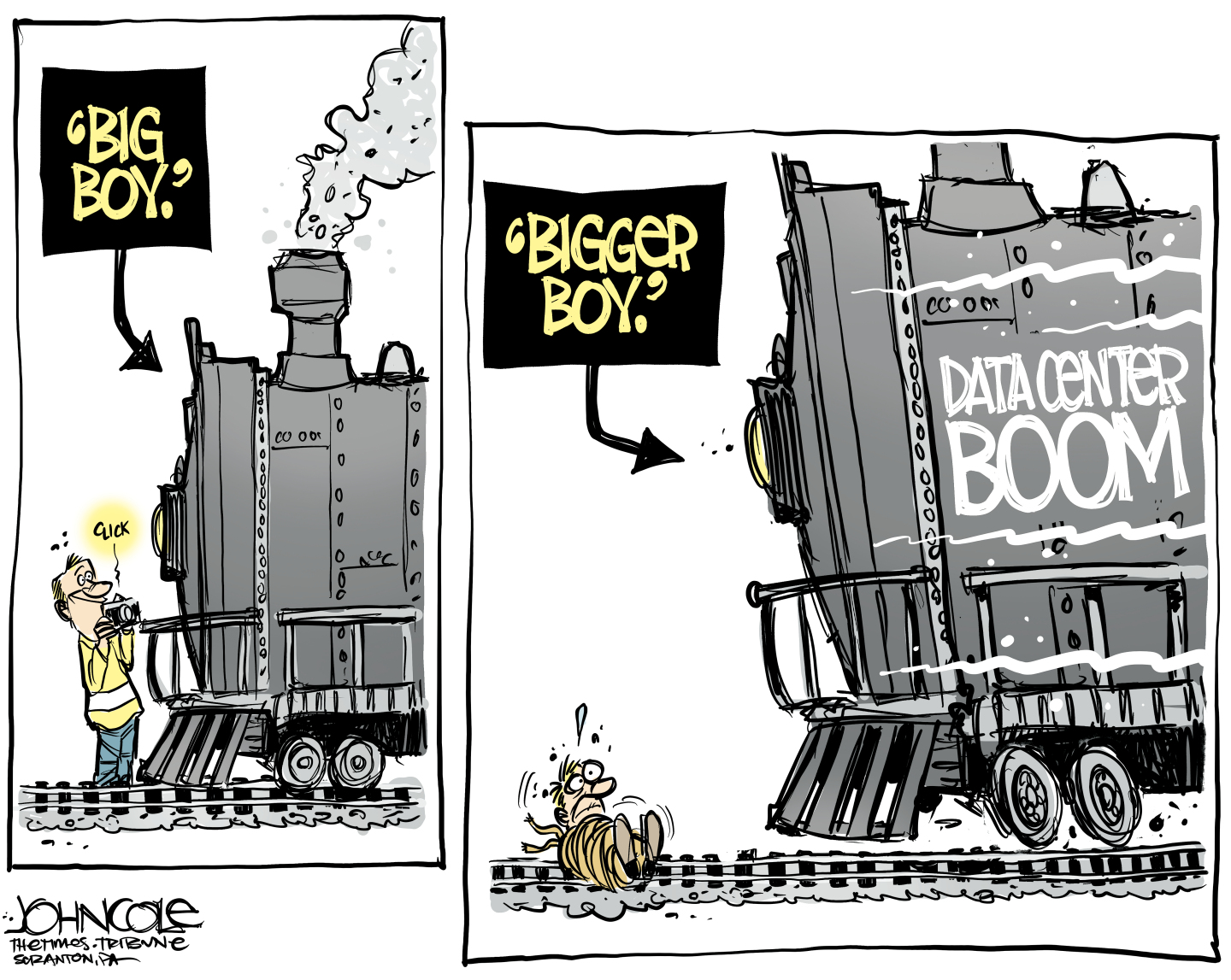 This two panel cartoon depicts a man and a train. The first panel shows the train nicknamed &amp;ldquo;Big Boy&amp;rdquo; and the man takes a picture. The second panel shows the man tied to the tracks ahead of an oncoming train labeled &amp;ldquo;Data Center Boom&amp;rdquo; and that train is nicknamed &amp;ldquo;Bigger Boy&amp;rdquo;.
