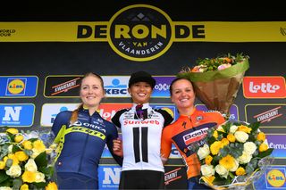 Gracie Elvin (Orica-Scott) on the Flanders podium in 2017
