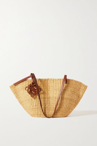 Shell Small Leather-Trimmed Raffia Tote