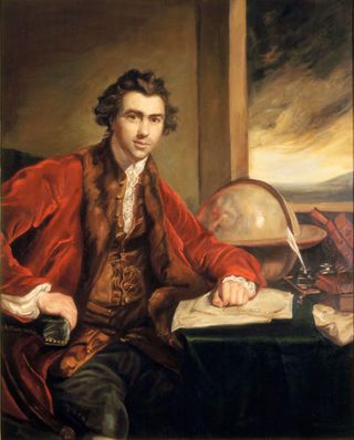 Painting of a man in a red coat infront of a globe