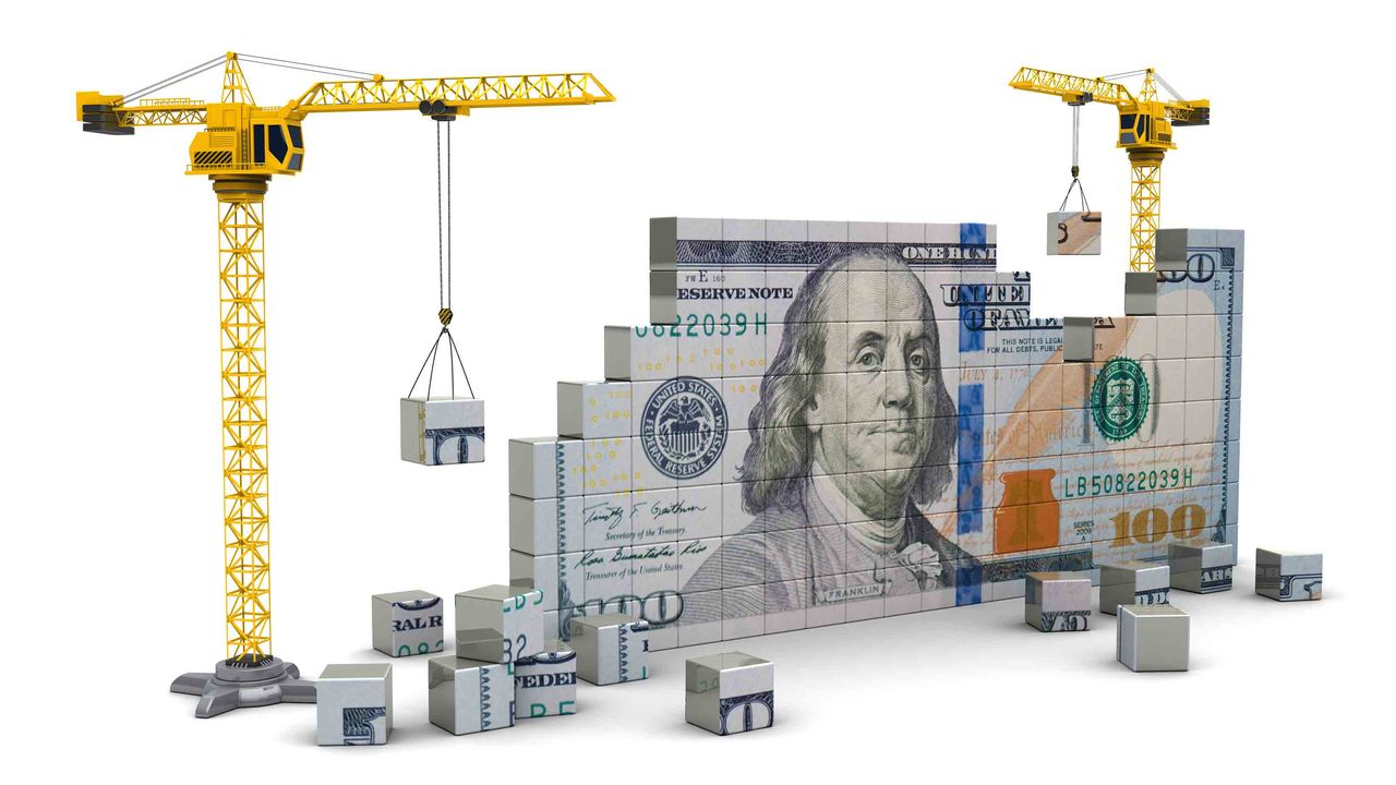 3d illustration of two cranes building 100 dollars