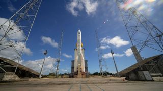 Ariane 6 sits on a launchpad at Europe's Spaceport in French Guiana.