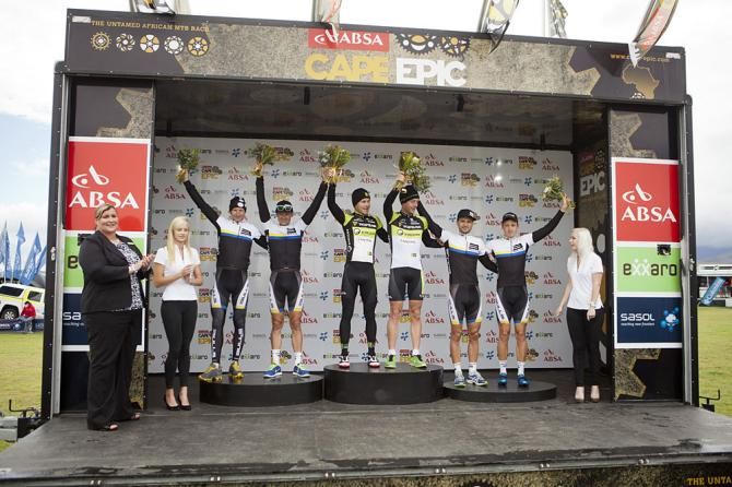 Mens stage 2 podium (L to R): Urs Huber &amp; Karl Platt of Bulls (2nd) , Robert Mennen &amp; Kristian Hynek of Topeak Ergon Racing (1st) &amp; Tim Boehme &amp; Simon Stiebjahn of Bulls (3rd)