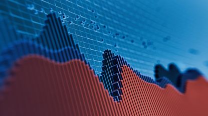 3-D image of a stock chart with red and blue bars