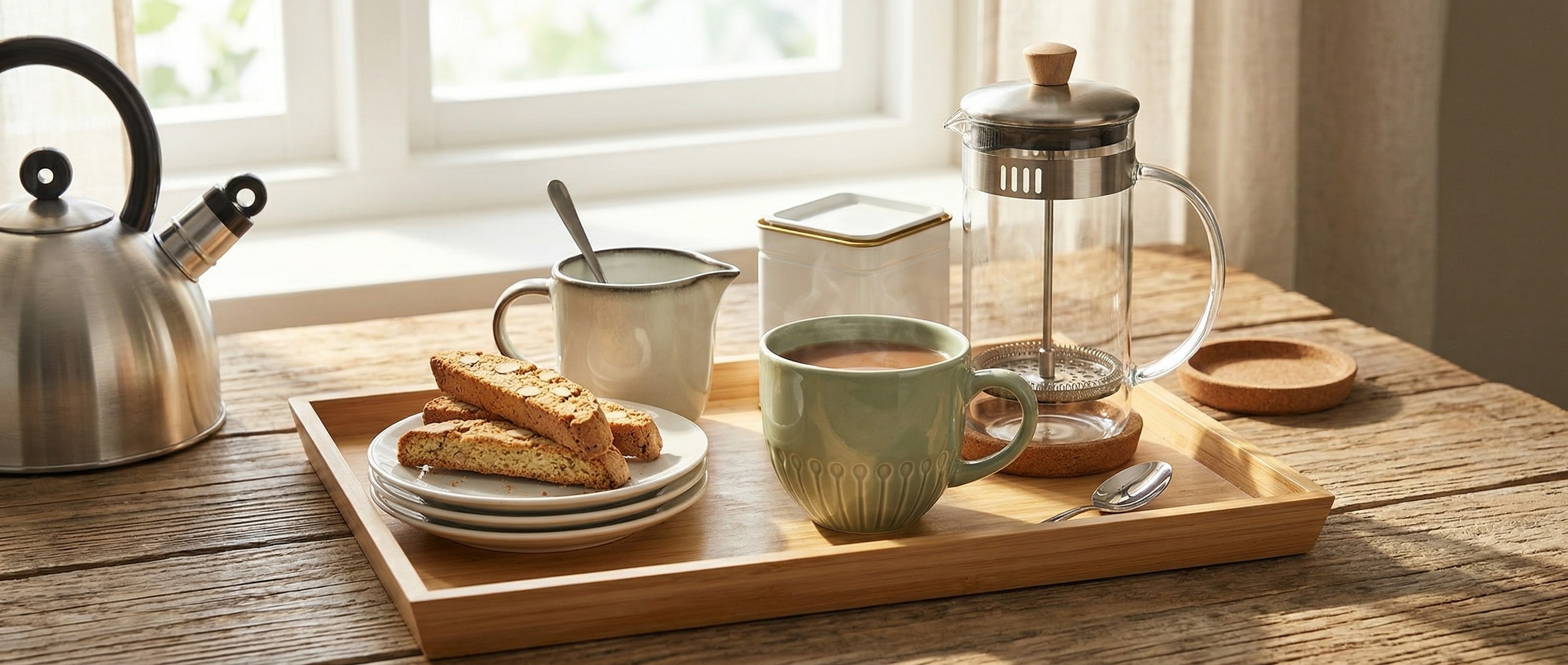 Collection of coffee-making accessories on kitchen counter