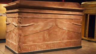 The three coffins of Tutankhamun were found in a quartzite box, shown here. It has depictions of four goddesses inscribed on it: Isis, Nephthys, Neith and Selket.