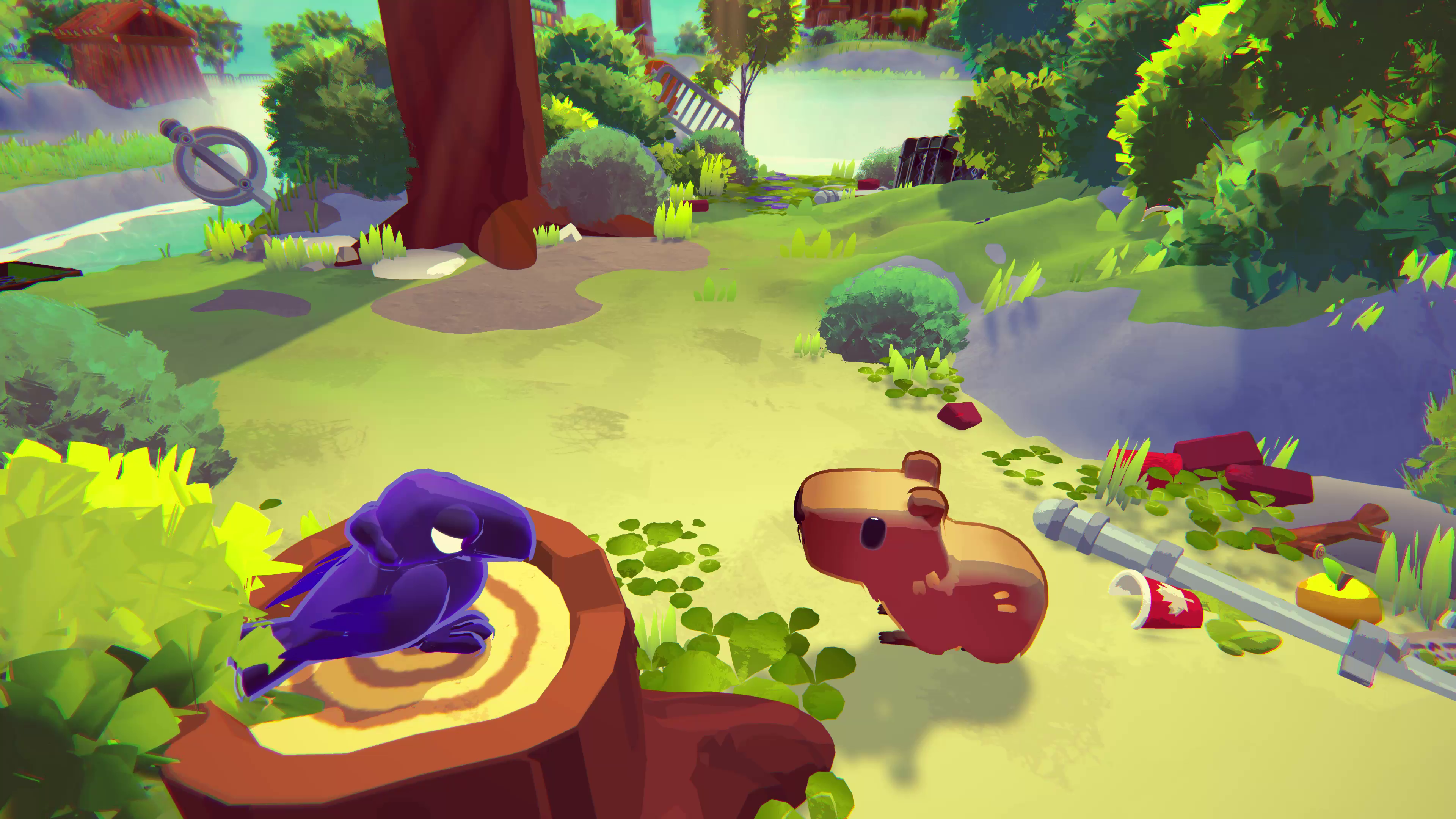 The capy protagonist looks up at a frowning crow perched upon a forest tree stump