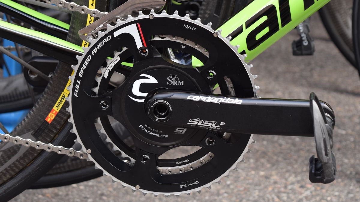 The crankset is a combination of Cannondale's SISL cranks, FSA 53/39T chainrings and a SRM power meter