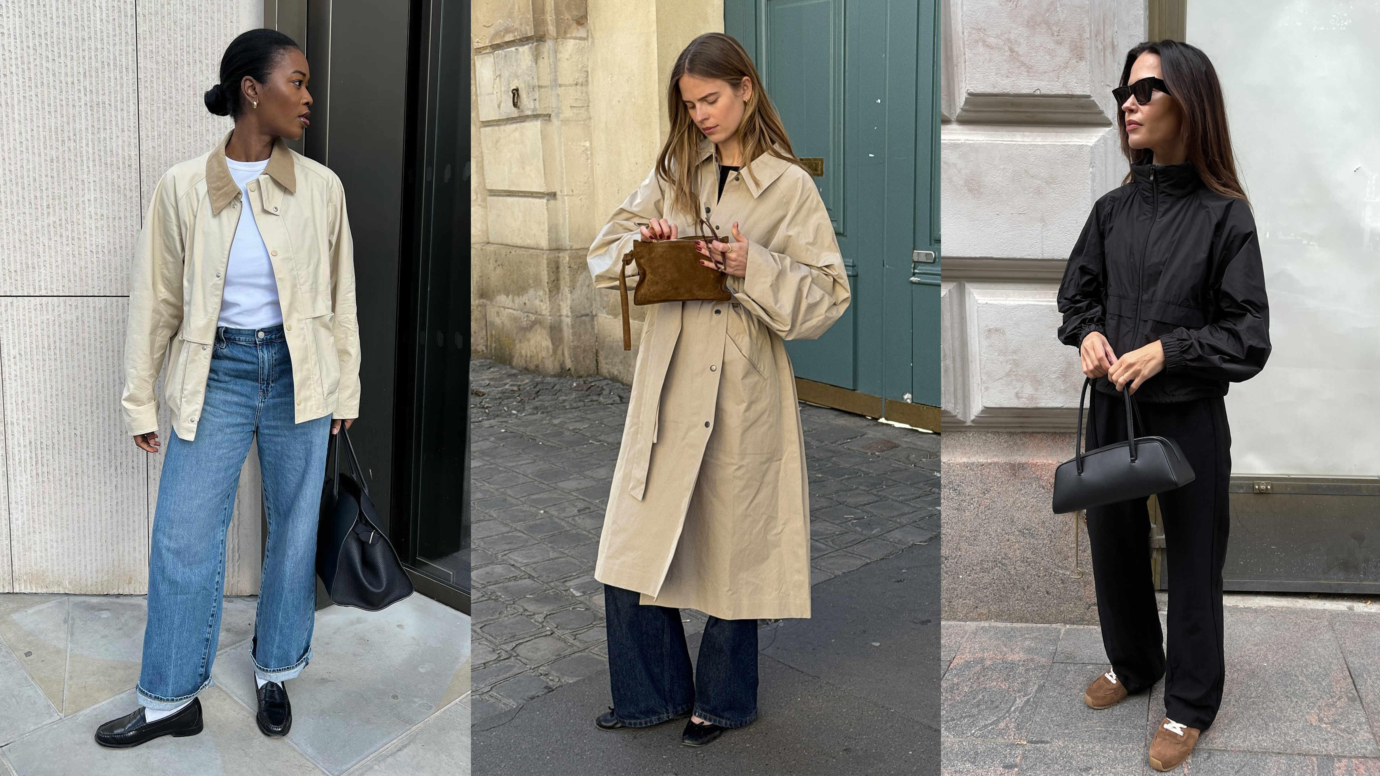 Influencer Marilyn wears a light beige barn coat and straight-leg jeans with black loafers. Influencer Clara wears a long trench coat and trousers. Influencer Johanna wears a black funnel-neck jacket and black trousers with a black East and West bag.