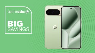 Google Pixel 10 Pro on green background with big savings text overlay