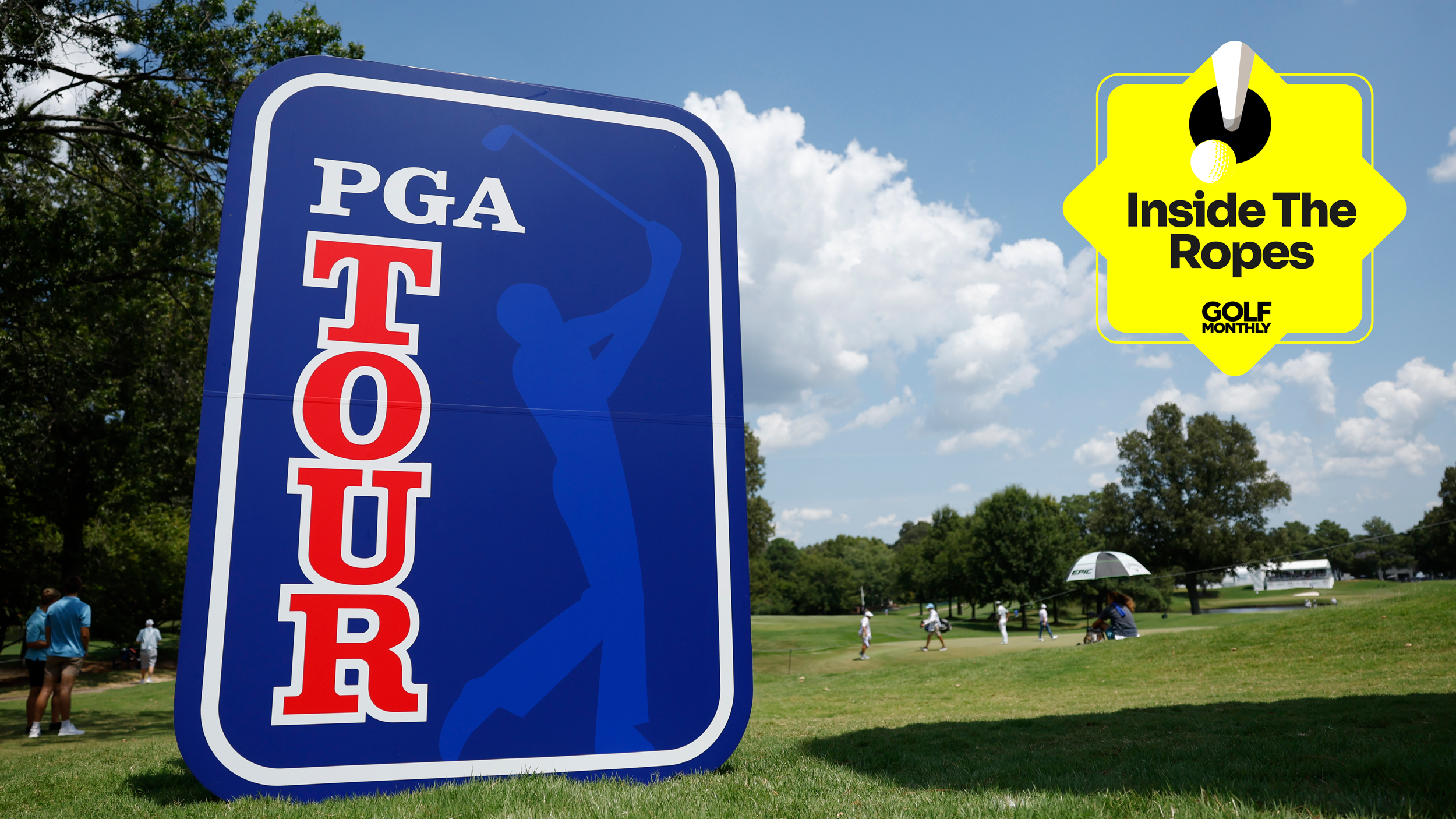 A large PGA Tour logo at a tournament and a yellow Inside The Ropes sticker in the top-right