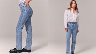 composite of model wearing Abercrombie Ultra High Rise 90s Straight Jean in mid blue wash