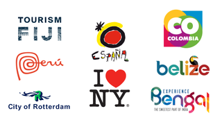 Tourist board logos, including Fiji, Peru, Rotterdam, Spain, New York, Colombia, Belize and Bengal.