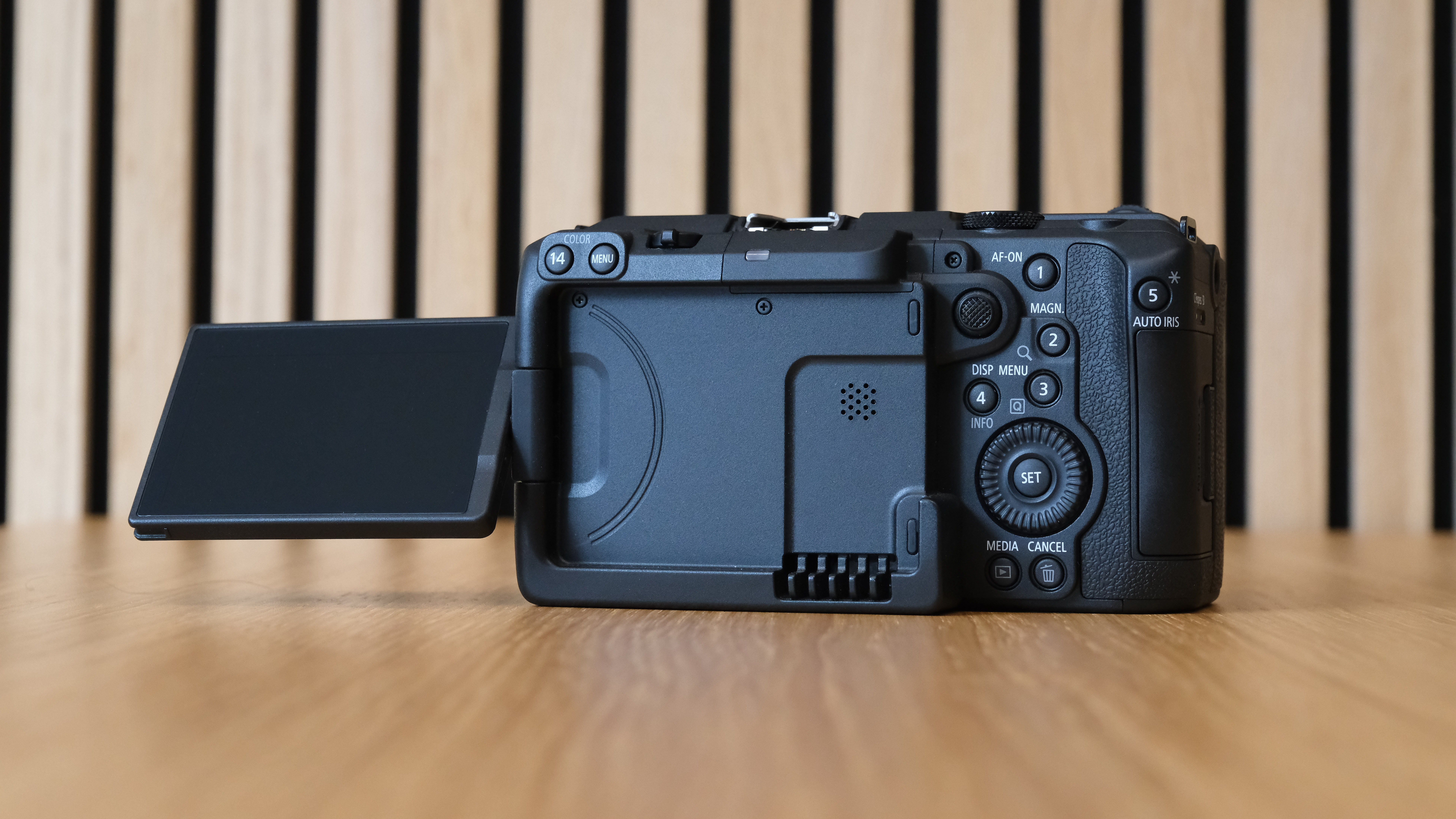 Canon EOS C50 against a striped wooden background
